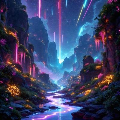 The primary subject of the image is a river flowing through a lush, colorful forest. The river is surrounded by vibrant purple and pink colors, creating a serene and magical atmosphere. The setting includes a mountainous landscape, adding to the natural beauty of the scene. The visual style of the image is a digital art or illustration, showcasing the artist's creativity and attention to detail. The colors and mood of the image evoke a sense of wonder and tranquility, inviting
